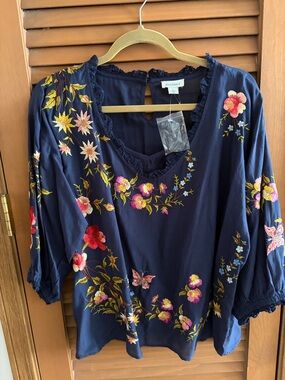 Sundance Navy Floral Embroidered V-Neck Blouse with Multicolor Flowers